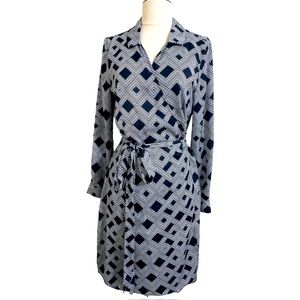 C. WONDER Womens Navy Blue White Geometric Print Wrap Long Sleeve Dress Petite